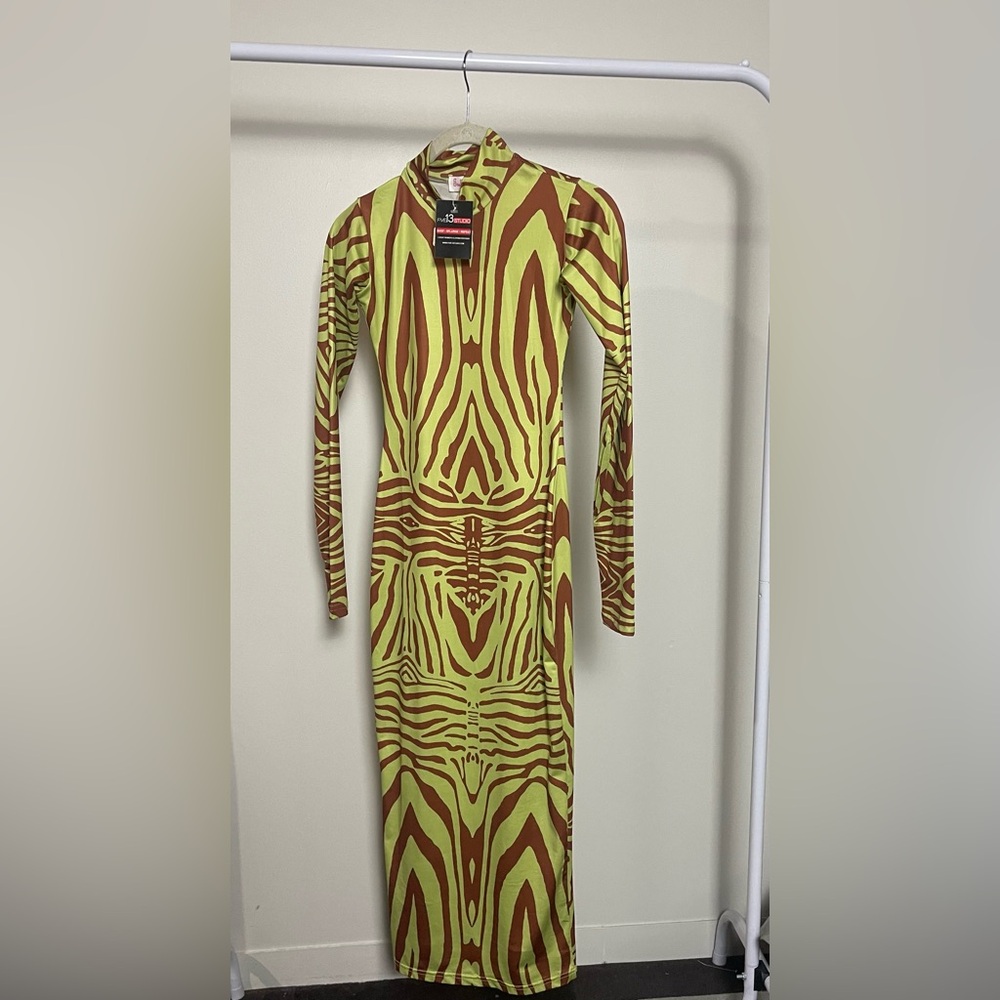 Neon Green & Brown Zebra Midi Bodycon Dress